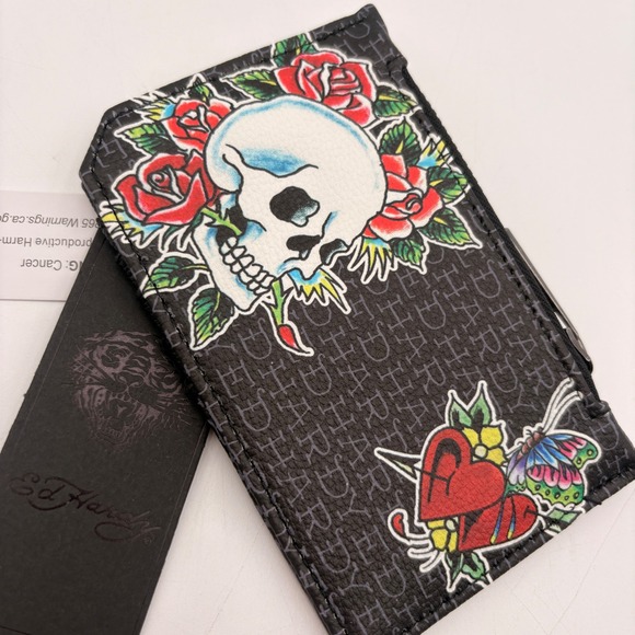 Ed Hardy Accessories - Ed Hardy Skull Rose Heart Butterfly Zip Card‎ Holder Wallet Black Tattoo
